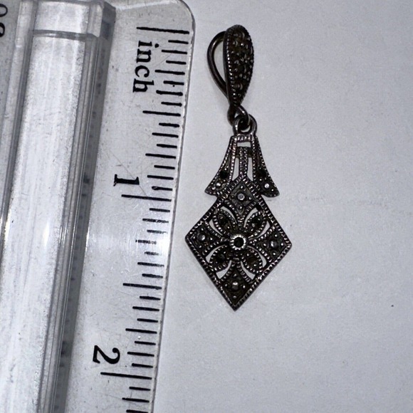 Sterling Silver Marcasite MO 925 Dangle Charm Pendant Signed Diamond Shape - Picture 9 of 9